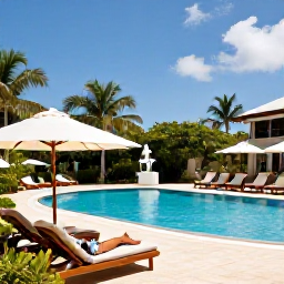 Caribbean Holidays, Jamaica in November, Holidaymakers relaxing beside a stylish Jamaican resort pool, with sun loungers, tropical gardens and blue sky