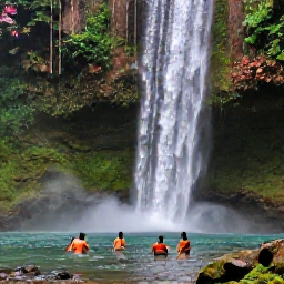 Caribbean Holidays, Jamaica in November, Visitors swimming beneath Dunn's River Falls in Jamaica, surrounded by lush green tropical forest and clear rushing water