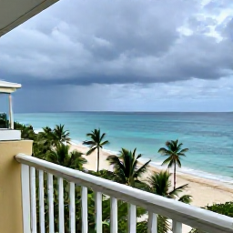 Caribbean Holidays, Jamaica in October, Comfortable Jamaican hotel balcony overlooking a tropical beach and blue sea, with light rain clouds clearing in the distance
