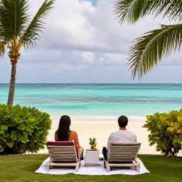 Caribbean Holidays, Jamaica in October, Couple relaxing beside a turquoise sea at a Jamaican resort, tropical garden and soft cloudy October sky