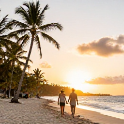 Caribbean Holidays, Jamaica in October, Couple walking hand in hand along a quiet Jamaican beach at sunset, palm trees and warm Caribbean light