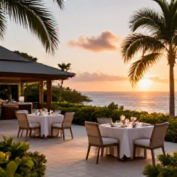 Caribbean Holidays, Jamaica in October, Elegant Jamaican resort terrace at sunset with outdoor dining, tropical gardens and views across the Caribbean Sea