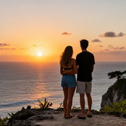 Caribbean Holidays, Jamaica in October, Happy couple watching a vivid sunset from Negril cliffs in Jamaica, ocean horizon and warm evening colours