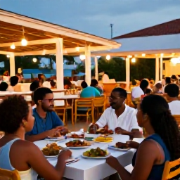 Caribbean Holidays, Jamaica in October, Jamaican outdoor restaurant at dusk with local food, friendly atmosphere, soft lights and guests enjoying an October evening