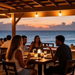 Caribbean Holidays, Jamaica in October, Relaxed outdoor Jamaican restaurant overlooking the sea at sunset, with local food, warm lights and travellers enjoying an informal evening