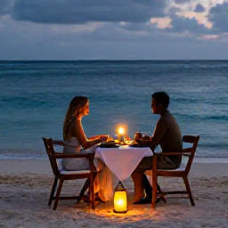 Caribbean Holidays, Jamaica in October, Romantic Jamaican dinner for two on a beach, lanterns, local dishes and calm evening sea