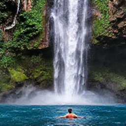 Caribbean Holidays, Jamaica in October, Traveller swimming in the clear blue water beneath Dunn's River Falls in Jamaica, lush green forest and limestone rocks