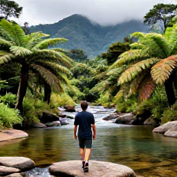 Caribbean Holidays, Jamaica in October, Traveller walking beside a clear river in the Blue Mountains of Jamaica, surrounded by ferns, coffee plants and misty green peaks