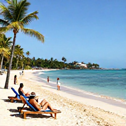 Caribbean Holidays, Jamaica in October, Visitors relaxing on a calm Jamaican beach with sun loungers, clear water and palm-fringed coastline during an October holiday