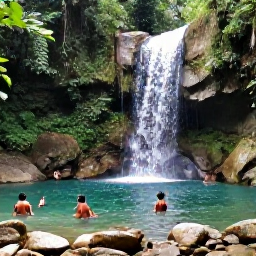 Caribbean Holidays, Jamaica in October, Waterfall in the Jamaican rainforest with visitors swimming in a clear pool, surrounded by tropical vegetation and smooth rocks