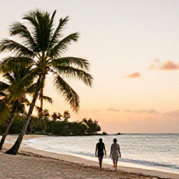 Caribbean Holidays, Jamaica in September, Couple walking along a quiet Jamaican beach at sunset, tropical palms and soft golden light