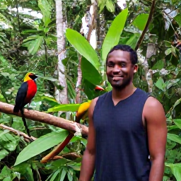 Caribbean Holidays, Jamaica in September, Friendly Jamaican nature guide leading visitors through a tropical forest, with colourful birds and dense vegetation