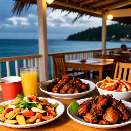 Caribbean Holidays, Jamaica in September, Jamaican restaurant terrace serving jerk chicken, fresh seafood and colourful tropical dishes at dusk