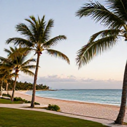 Caribbean Holidays, Jamaica in September, Luxury beachfront resort in Jamaica in September, palm trees, calm turquoise sea, warm evening light