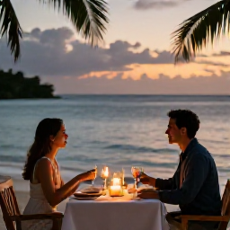 Caribbean Holidays, Jamaica in September, Romantic open-air dinner for two beside the Jamaican sea, candles on a table and warm evening light