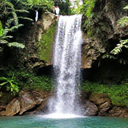 Caribbean Holidays, Jamaica in September, Waterfall in a Jamaican forest with visitors climbing natural limestone terraces, surrounded by tropical plants and clear pools