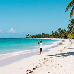 Caribbean Holidays, Jamaica Instagram Hotspots, A bright summer view of Seven Mile Beach in Negril, Jamaica, with turquoise water, white sand and a traveller taking a photograph