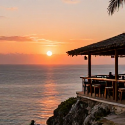 Caribbean Holidays, Jamaica Instagram Hotspots, A Jamaican sunset viewed from a cliffside bar in Negril, with warm orange light over the Caribbean Sea