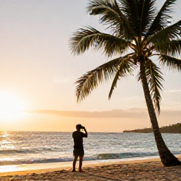 Caribbean Holidays, Jamaica Instagram Hotspots, A peaceful Jamaican coastline at golden hour, with a traveller photographing the sea, palm trees and warm tropical light