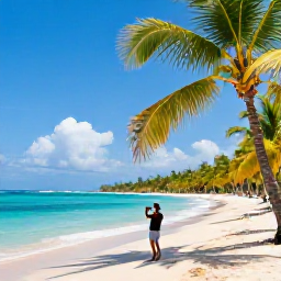 Caribbean Holidays, Jamaica Instagram Hotspots, A sunny Jamaican beach in December with turquoise water, palm trees and a traveller taking photographs