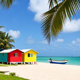 Caribbean Holidays, Jamaica Instagram Hotspots, Colourful wooden beach huts and a small fishing boat on the shoreline at Port Antonio, Jamaica, framed by tropical palms
