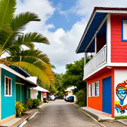 Caribbean Holidays, Jamaica Instagram Hotspots, Colourful wooden buildings, tropical plants and a quiet lane in Kingston, Jamaica, with local street art