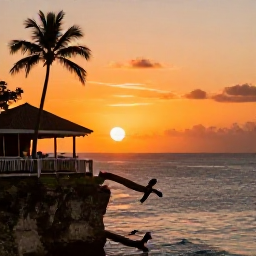 Caribbean Holidays, Jamaica Instagram Hotspots, Dramatic sunset at Rick&rsquo;s Caf&eacute; in Negril, Jamaica, with cliff divers, warm orange sky and ocean views