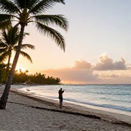 Caribbean Holidays, Jamaica Instagram Hotspots, Golden-hour view of Seven Mile Beach in Negril, Jamaica, with calm turquoise water, palm trees and a traveller taking a beach photograph