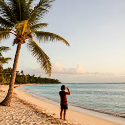 Caribbean Holidays, Jamaica Instagram Hotspots, Golden-hour view of Seven Mile Beach in Negril, Jamaica, with calm turquoise water, palm trees and a traveller taking a photo