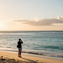 Caribbean Holidays, Jamaica Instagram Hotspots, Golden-hour view over Negril's Seven Mile Beach in Jamaica, with calm turquoise sea, soft sand and a traveller taking a photograph
