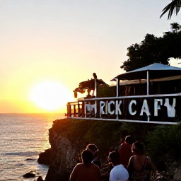 Caribbean Holidays, Jamaica Instagram Hotspots, Jamaican sunset at Rick's Cafe in Negril, with cliffs, warm evening light and people watching a sunset over the Caribbean Sea