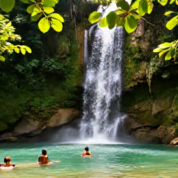 Caribbean Holidays, Jamaica Instagram Hotspots, Lush tropical waterfall in Jamaica with visitors swimming in clear water, green foliage and warm natural light