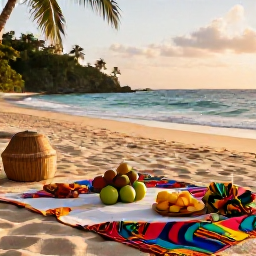 Caribbean Holidays, Jamaica Instagram Hotspots, Traditional Jamaican beach picnic at golden hour with tropical fruit, colourful fabrics and the Caribbean Sea in the background