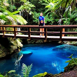 Caribbean Holidays, Jamaica Instagram Hotspots, Traveller standing on a wooden footbridge above the bright blue Blue Hole near Ocho Rios, surrounded by lush Jamaican rainforest