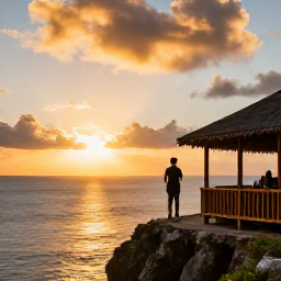 Caribbean Holidays, Jamaica Instagram Hotspots, Traveller standing on the cliffs at Rick's Cafe in Negril, Jamaica, watching a dramatic Caribbean sunset over the sea