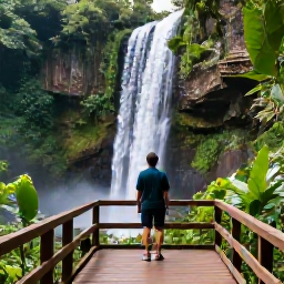 Caribbean Holidays, Jamaica Instagram Hotspots, Traveller standing on the wooden viewing platform at Dunn's River Falls in Jamaica, surrounded by lush tropical forest and flowing water