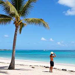 Caribbean Holidays, Jamaica Instagram Spots, A bright Jamaican coastal scene in August, with turquoise sea, palm trees and a traveller taking photographs
