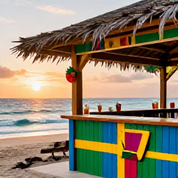 Caribbean Holidays, Jamaica Instagram Spots, A colourful Jamaican beach bar at sunset with reggae-inspired details, tropical drinks and the calm Caribbean Sea in the background