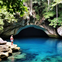 Caribbean Holidays, Jamaica Instagram Spots, A Jamaican blue hole surrounded by lush green forest, with clear blue water and a visitor standing beside the natural pool