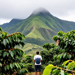 Caribbean Holidays, Jamaica Instagram Spots, Blue Mountains coffee plantation in Jamaica with misty green peaks, coffee plants and a relaxed visitor enjoying the view