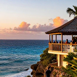 Caribbean Holidays, Jamaica Instagram Spots, Cliffside sunset scene at Rick&rsquo;s Caf&eacute; in Negril, Jamaica, with people watching divers, deep blue sea and orange evening light