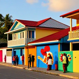 Caribbean Holidays, Jamaica Instagram Spots, Colourful houses and vibrant street art in a Jamaican town, with locals and visitors exploring in warm August sunshine