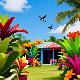 Caribbean Holidays, Jamaica Instagram Spots, Colourful tropical garden in Montego Bay, Jamaica, with lush plants, hummingbirds and a bright blue sky