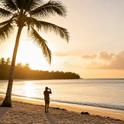 Caribbean Holidays, Jamaica Instagram Spots, Golden-hour view of Seven Mile Beach in Negril, Jamaica, with calm turquoise water, palm trees and a traveller taking photographs