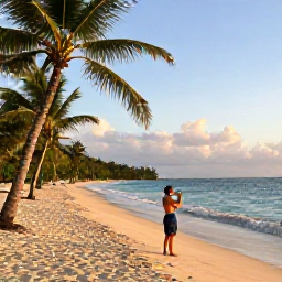 Caribbean Holidays, Jamaica Instagram Spots, Golden morning light over Seven Mile Beach in Negril, Jamaica, with turquoise water, palm trees and a relaxed traveller taking a photograph