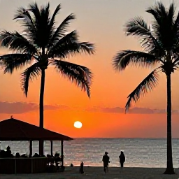 Caribbean Holidays, Jamaica Instagram Spots, Jamaican sunset over the Caribbean Sea with silhouettes of palm trees, a small beach bar and travellers enjoying the evening