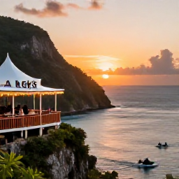 Caribbean Holidays, Jamaica Instagram Spots, Rick&rsquo;s Caf&eacute; in Negril overlooking Jamaican cliffs and the sea at sunset, with divers and visitors enjoying the view