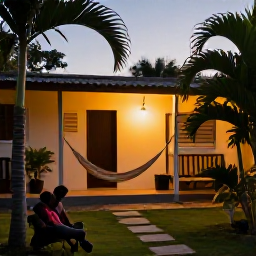 Caribbean Holidays, Jamaica January Backpacking, Backpacker relaxing in a simple guesthouse courtyard in Jamaica, with tropical plants, hammocks and warm evening light