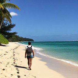 Caribbean Holidays, Jamaica January Backpacking, Backpacker walking along a sunny Jamaican beach near Negril in January, with turquoise water, palm trees and a small rucksack
