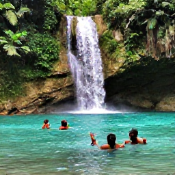 Caribbean Holidays, Jamaica January Backpacking, Backpackers swimming in clear turquoise water beside a small waterfall in Jamaica's lush interior